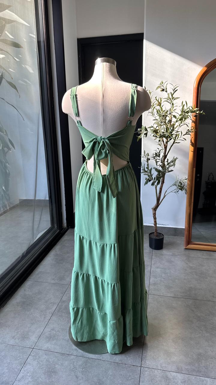 Vestido verde largo veranero con lazo en espalda 5819VE
