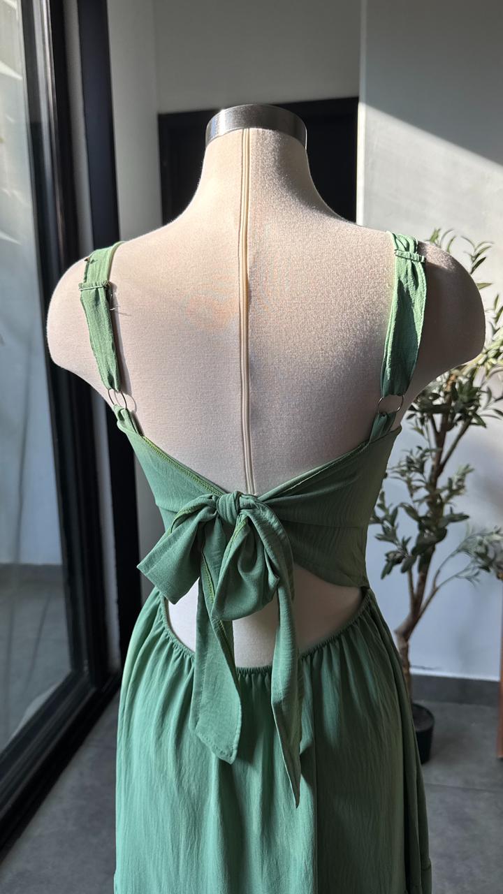 Vestido verde largo veranero con lazo en espalda 5819VE