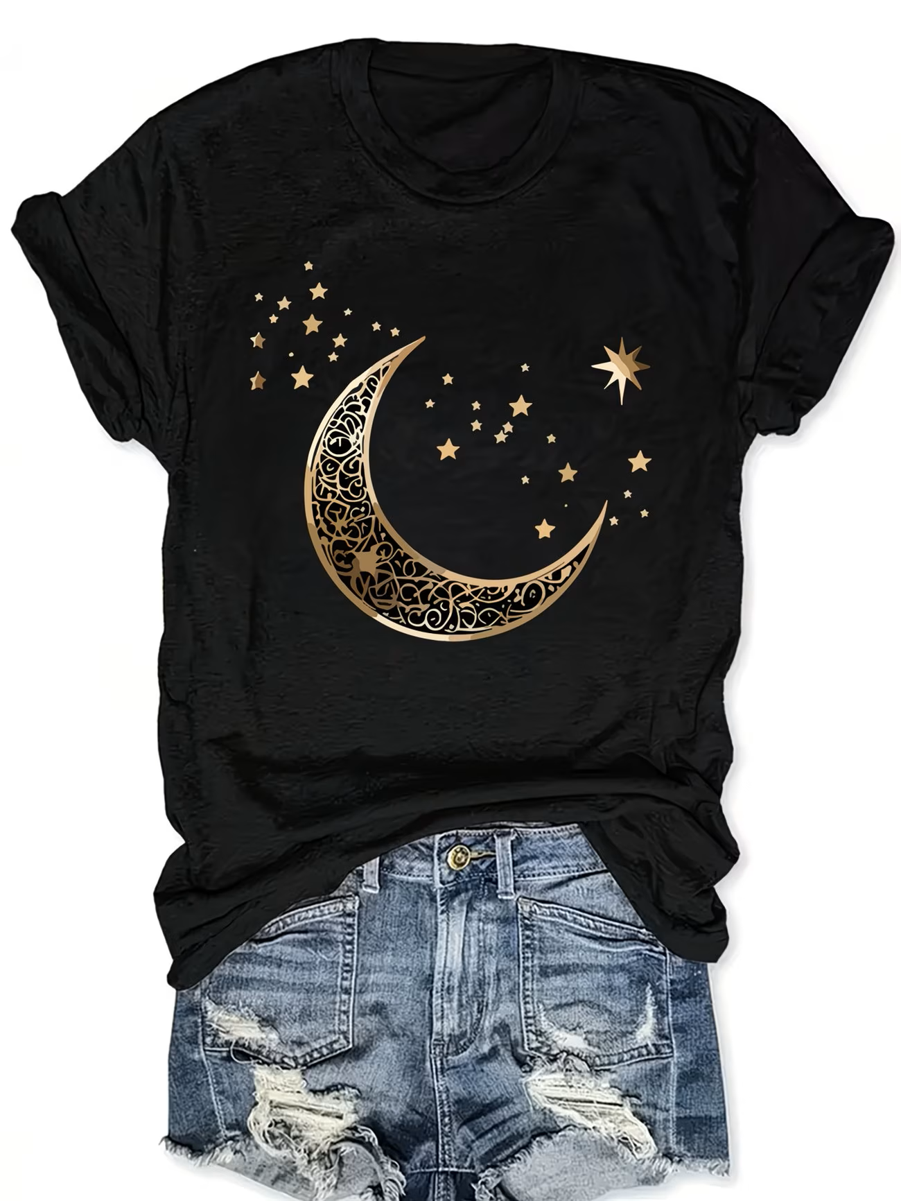 Camisa negra estampado luna & estrellas doradas - 5821