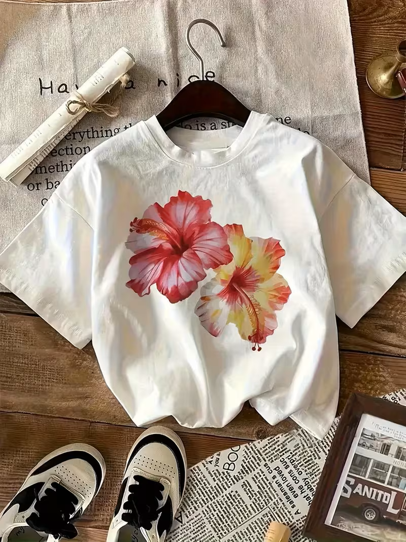 Camisa blanca 100% algodón estampada flores grandes oversize - 5825