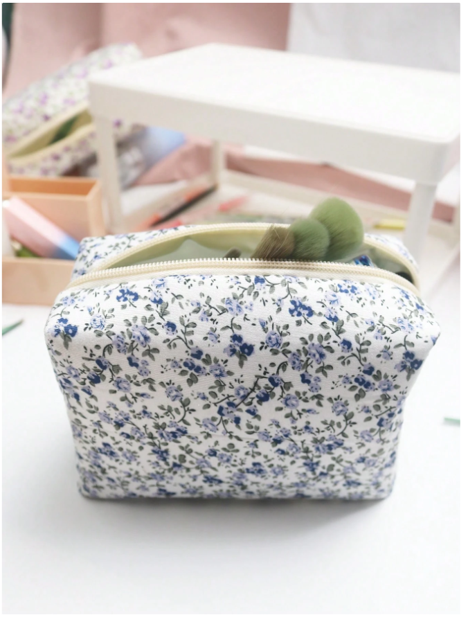 Cosmetiquera blanca estampado flores azules - 5829