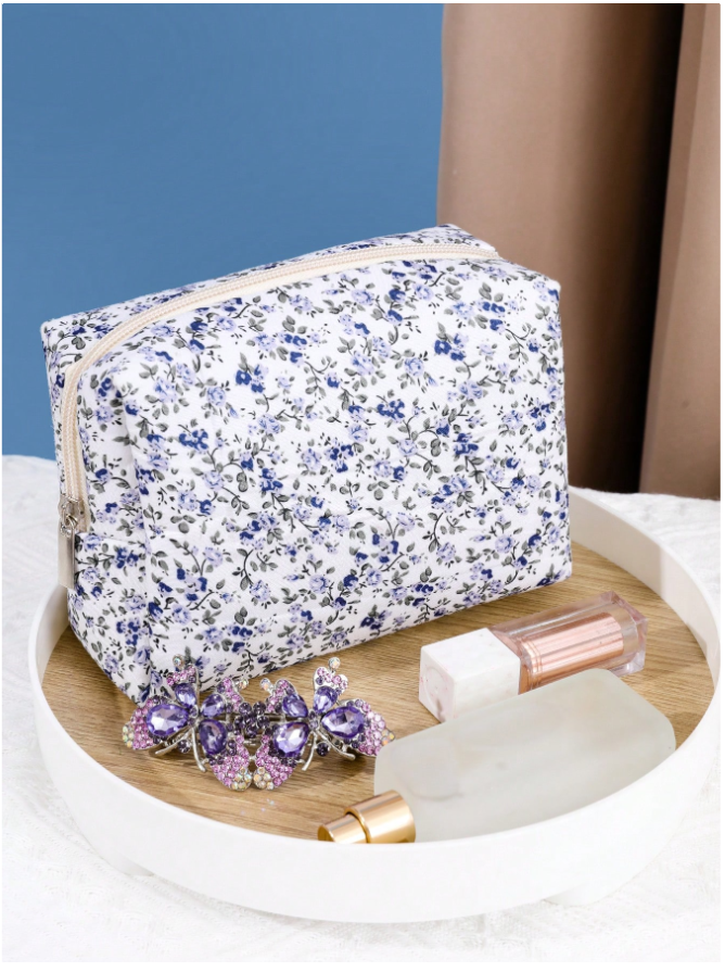 Cosmetiquera blanca estampado flores azules - 5829