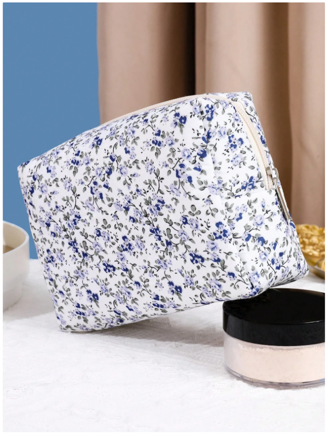 Cosmetiquera blanca estampado flores azules - 5829