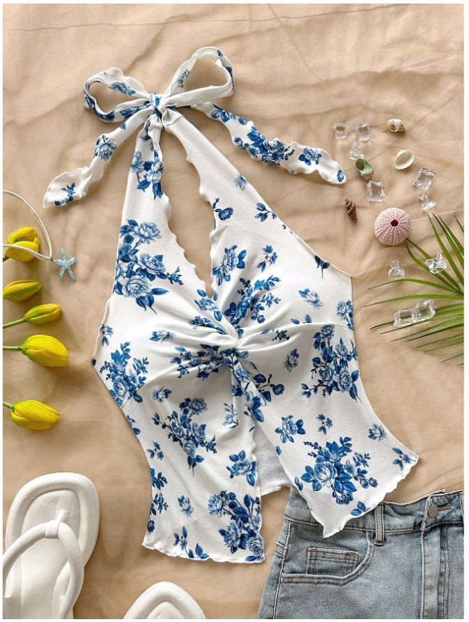 Crop top blanco estampado flores azules cuello halter - 5839