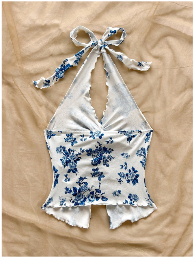 Crop top blanco estampado flores azules cuello halter - 5839