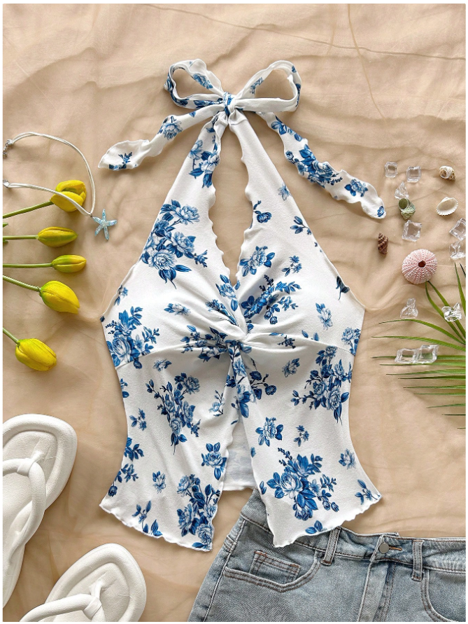 Crop top blanco estampado flores azules cuello halter - 5839