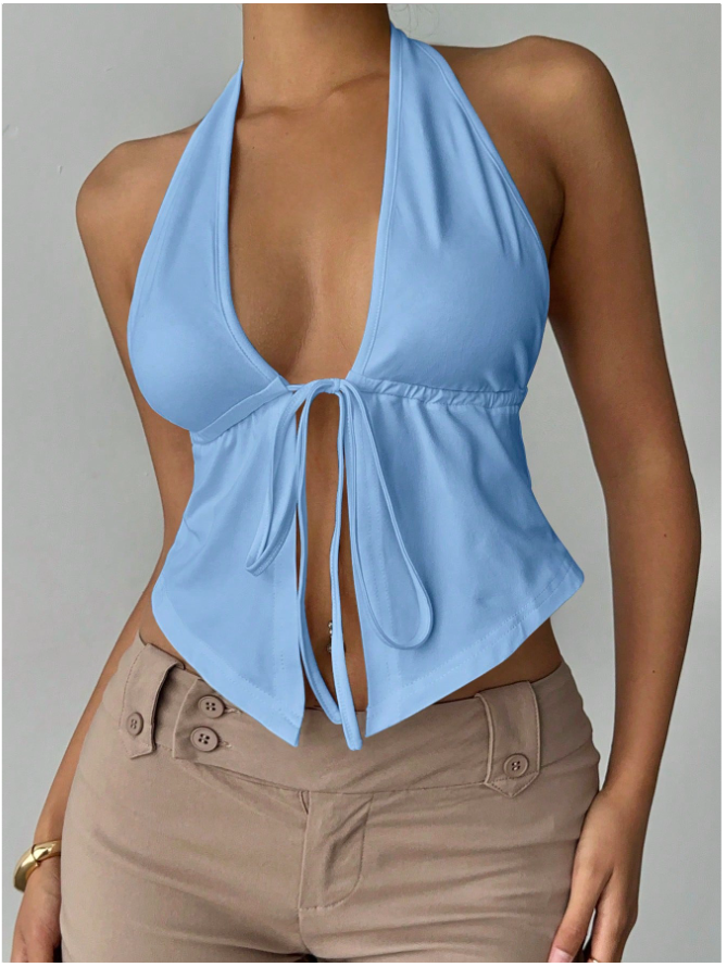 Crop top celeste halter lazo & abertura frontal - 5841