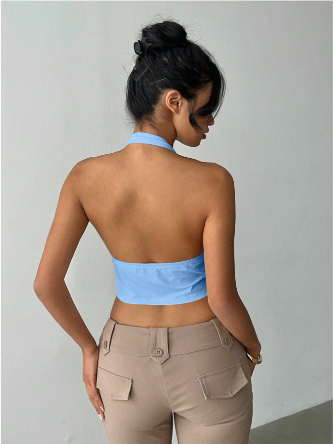 Crop top celeste halter lazo & abertura frontal - 5841