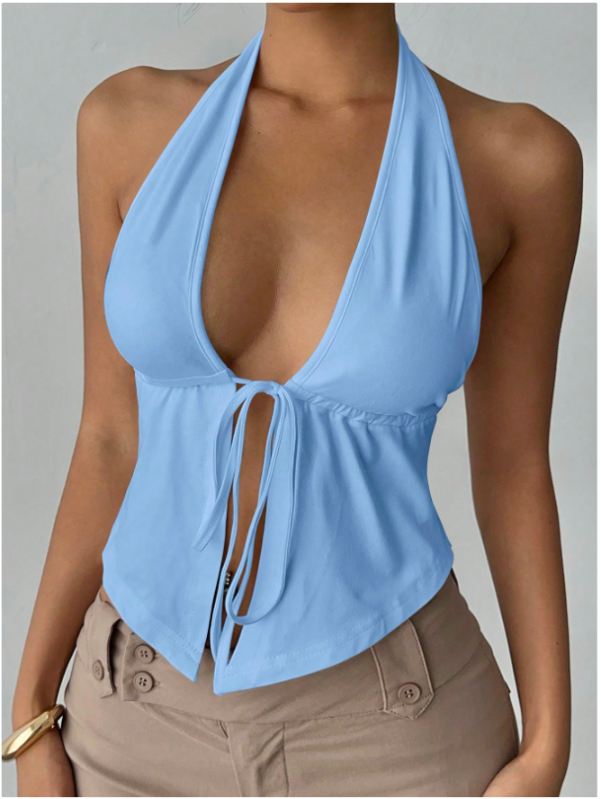 Crop top celeste halter lazo & abertura frontal - 5841