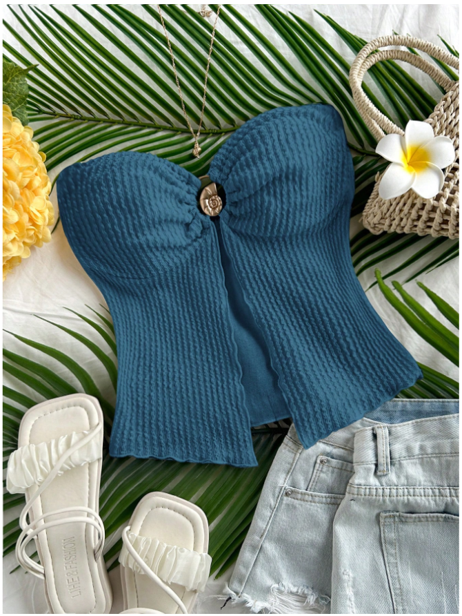 Crop top azul sin mangas detalle dorado en centro - 5842