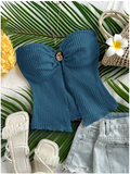 Crop top azul sin mangas detalle dorado en centro - 5842
