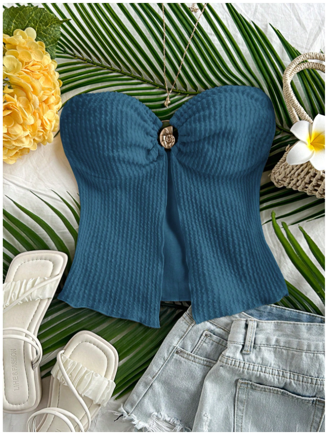 Crop top azul sin mangas detalle dorado en centro - 5842