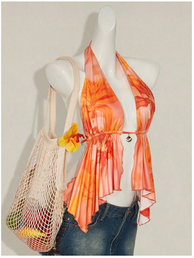 Crop top naranja floral abertura en centro espalda descubierta - 5844