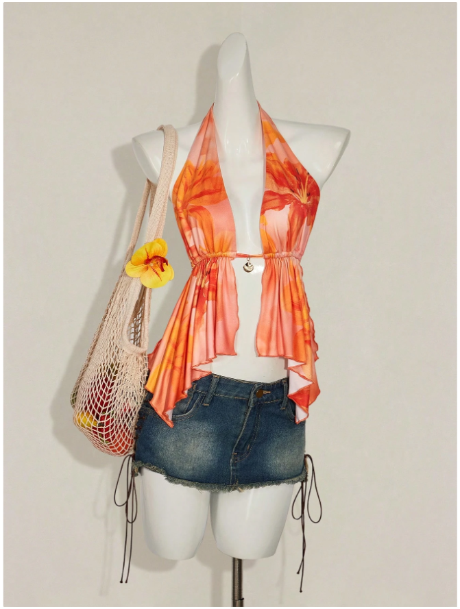 Crop top naranja floral abertura en centro espalda descubierta - 5844