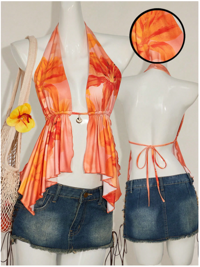 Crop top naranja floral abertura en centro espalda descubierta - 5844
