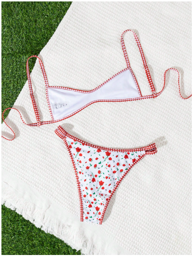 Traje de baño dos piezas fondo blanco estampado flores rojas sin almohadillas - 5847