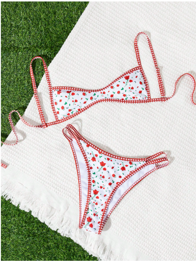 Traje de baño dos piezas fondo blanco estampado flores rojas sin almohadillas - 5847