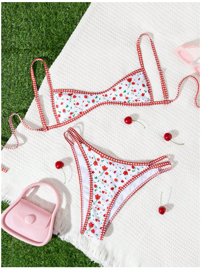 Traje de baño dos piezas fondo blanco estampado flores rojas sin almohadillas - 5847