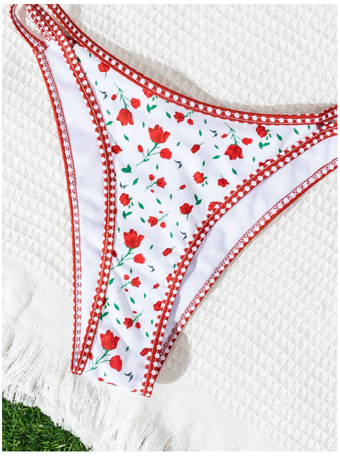 Traje de baño dos piezas fondo blanco estampado flores rojas sin almohadillas - 5847