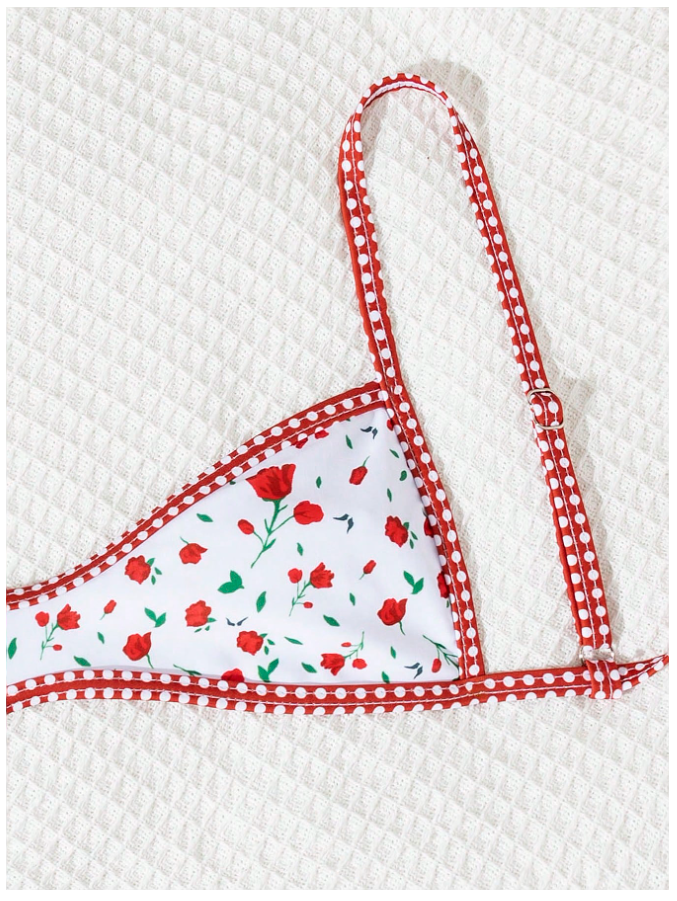 Traje de baño dos piezas fondo blanco estampado flores rojas sin almohadillas - 5847