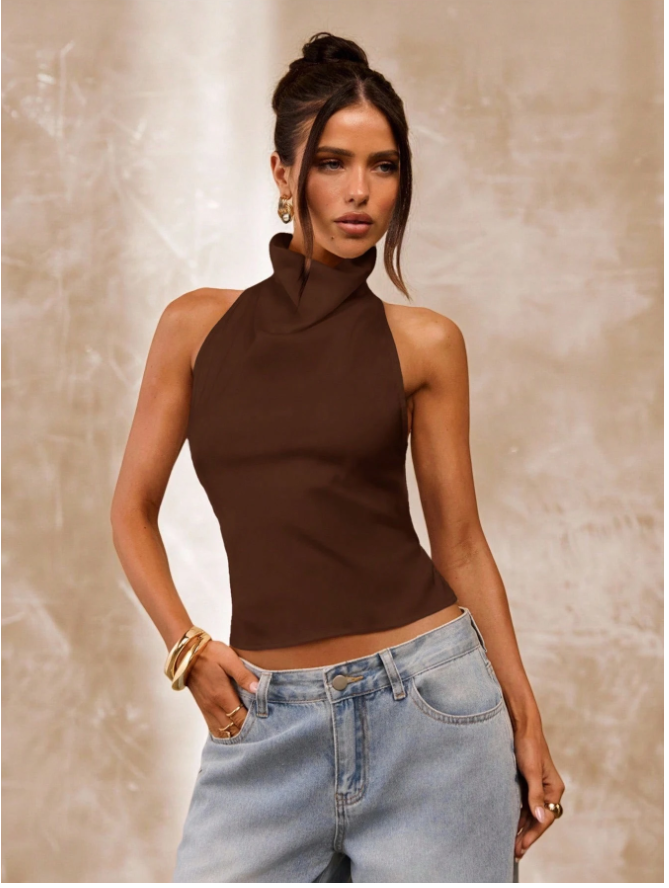 Crop top marrón cuello alto espalda descubierta - 5849
