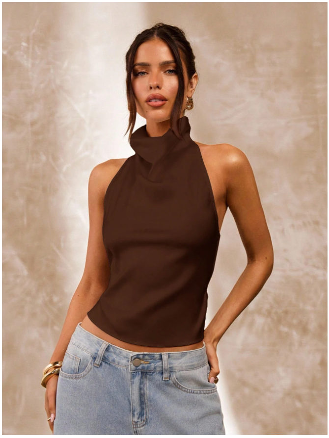 Crop top marrón cuello alto espalda descubierta - 5849