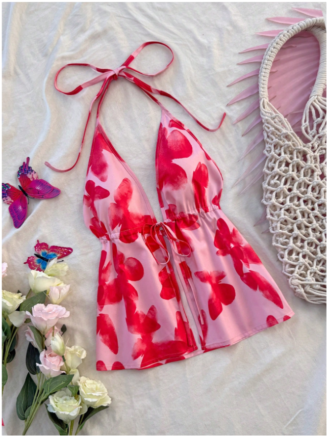 Crop top rosa halter estampado mariposas rojas - 5850