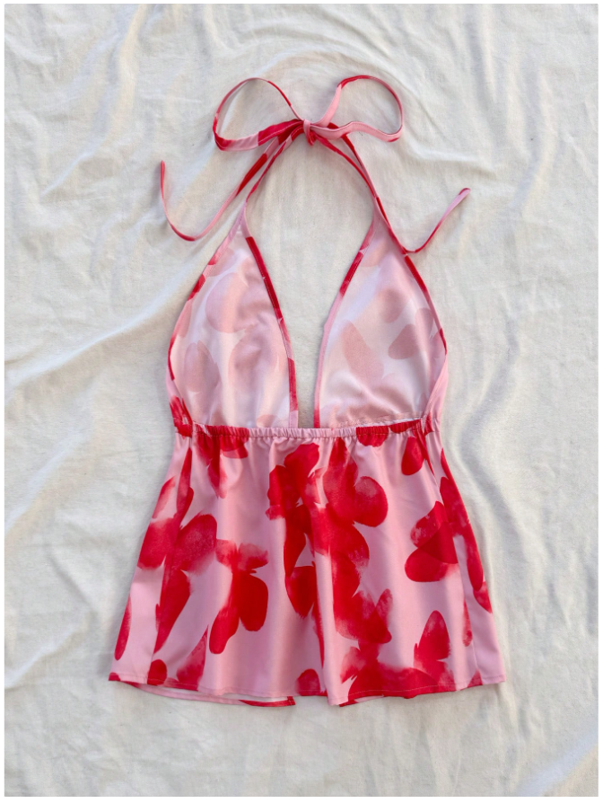 Crop top rosa halter estampado mariposas rojas - 5850