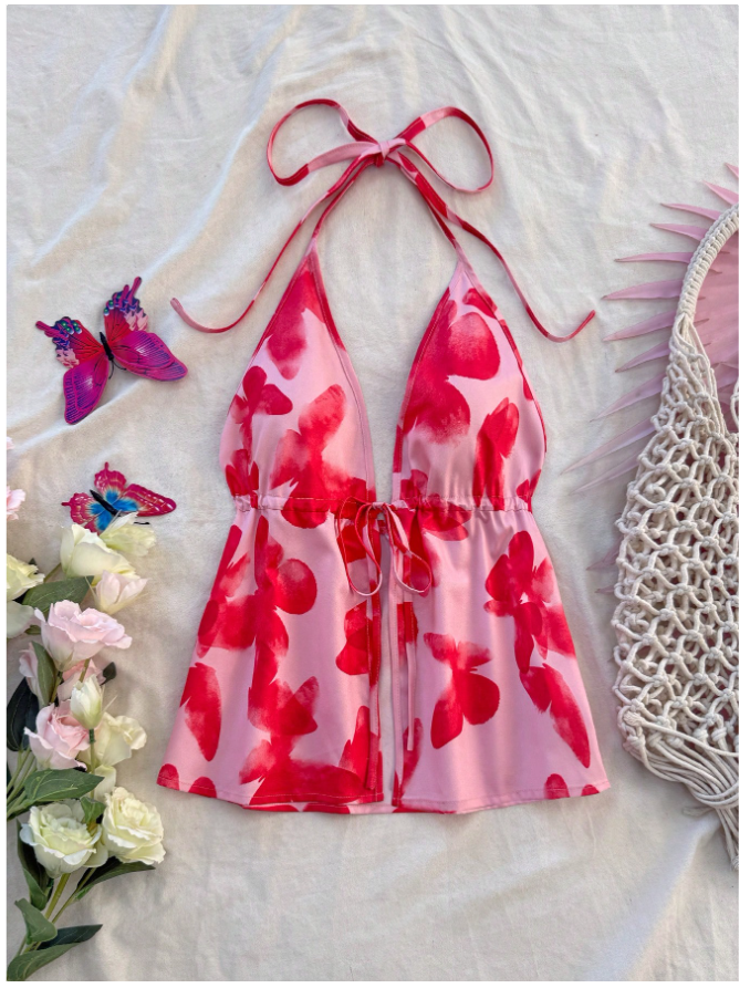 Crop top rosa halter estampado mariposas rojas - 5850