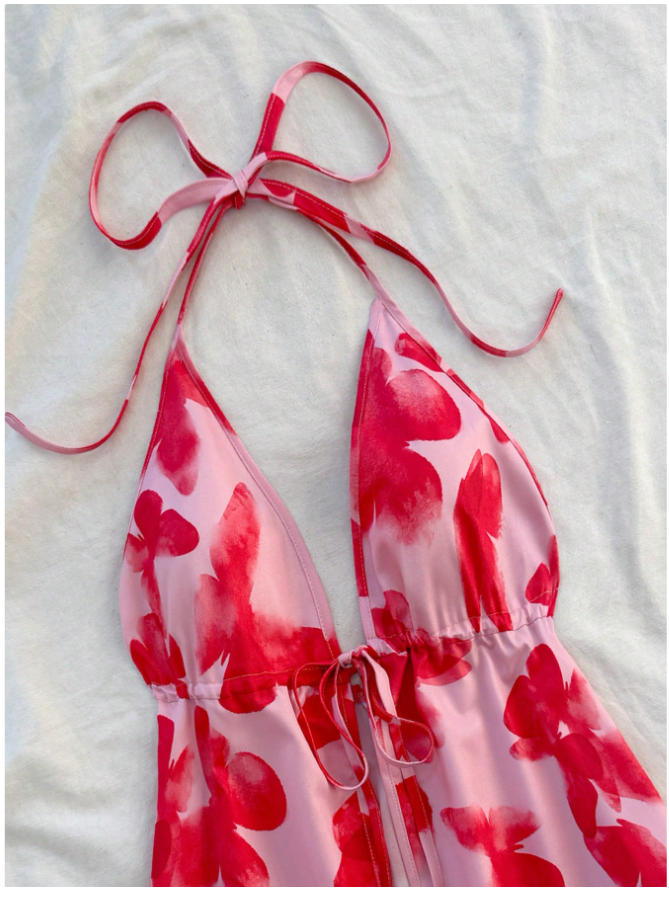 Crop top rosa halter estampado mariposas rojas - 5850