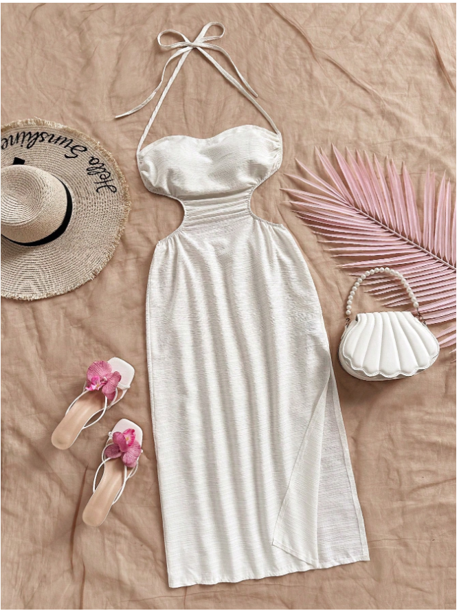 Vestido beige halter aberturas laterales - 5853