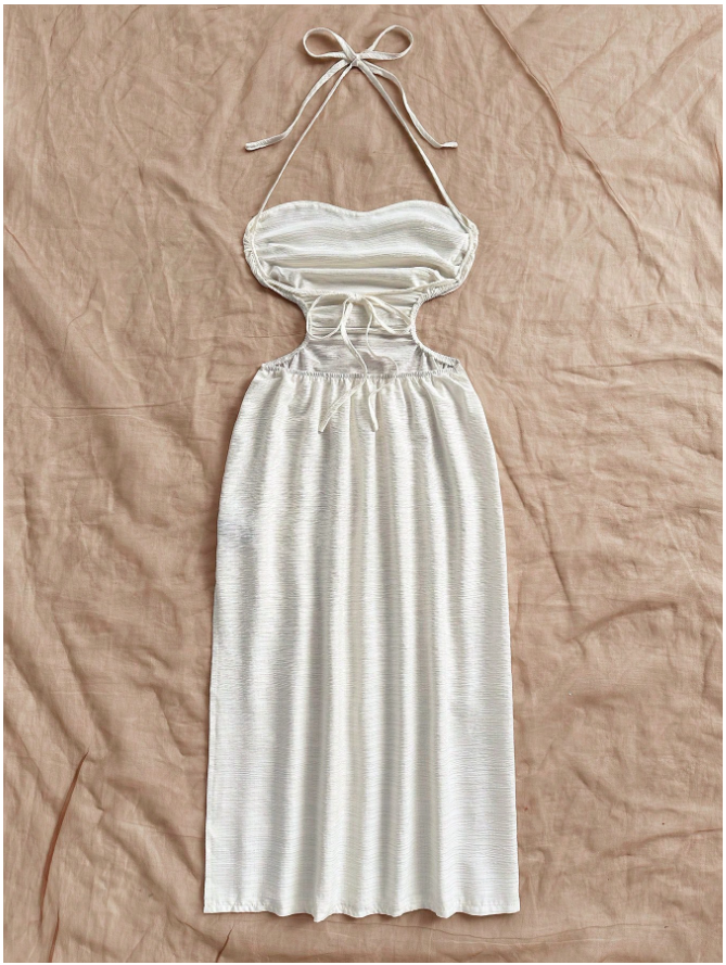 Vestido beige halter aberturas laterales - 5853