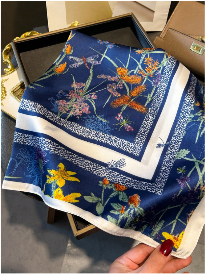 Pañuelo azul estampado flores acuáticas - 5854