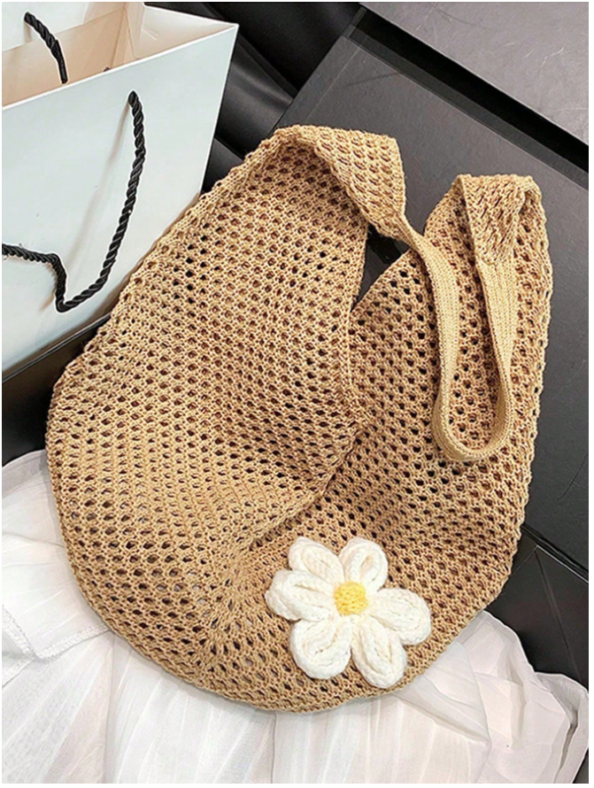 Bolso playero estilo tejido con flor - 5861