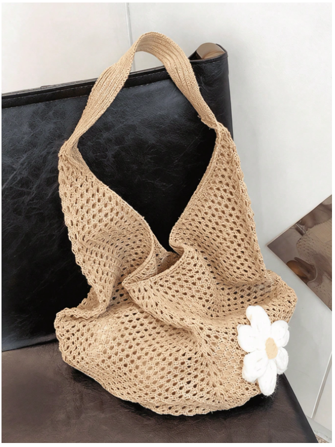 Bolso playero estilo tejido con flor - 5861
