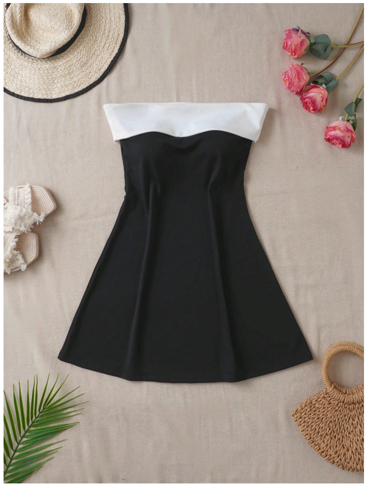 Vestido negro mini sin mangas con línea en contraste - 5875