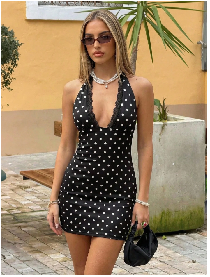 Vestido negro lunares blancos cuello halter - 5878