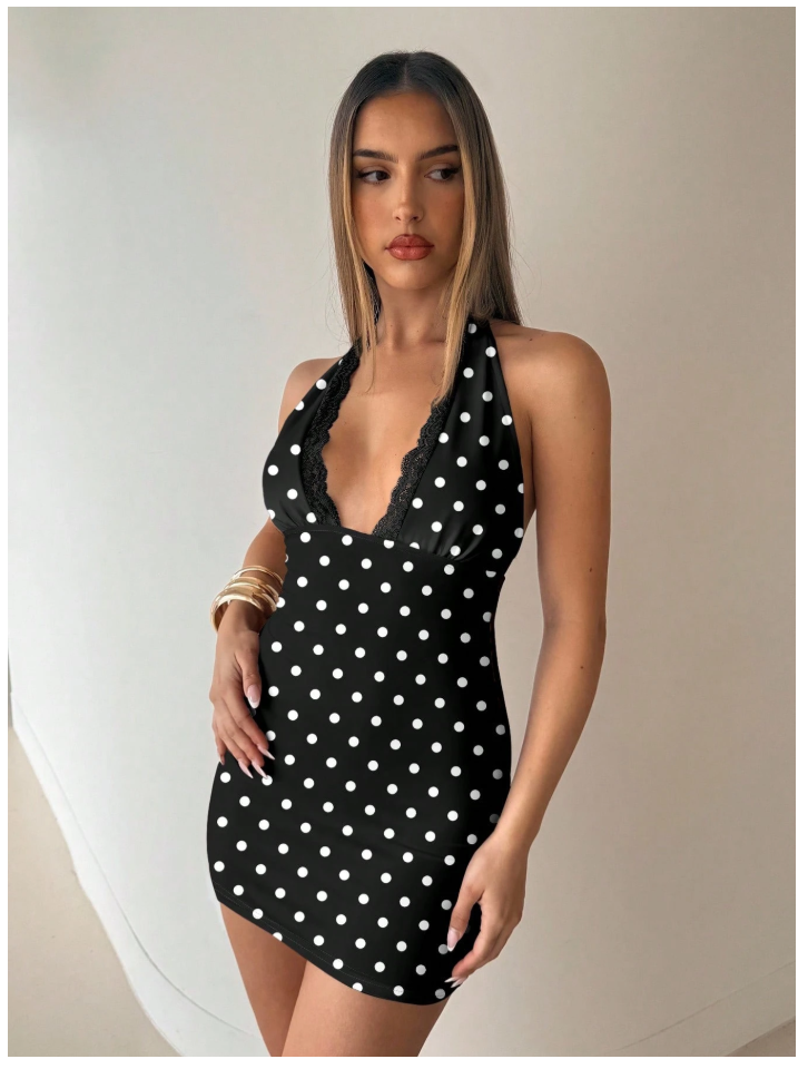 Vestido negro lunares blancos cuello halter - 5878