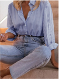 Camisa a rayas azul marino & blanco manga larga de botones - 5883