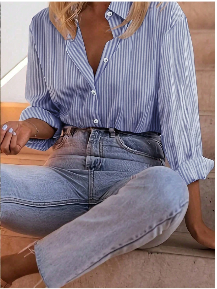 Camisa a rayas azul marino & blanco manga larga de botones - 5883