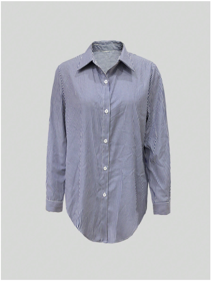 Camisa a rayas azul marino & blanco manga larga de botones - 5883