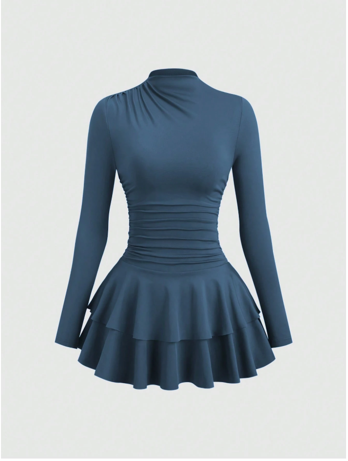 Vestido azul manga larga vuelo parte inferior - 5884