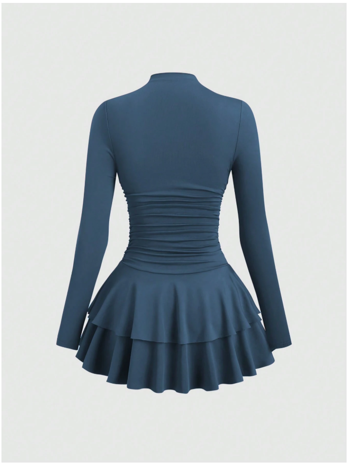 Vestido azul manga larga vuelo parte inferior - 5884