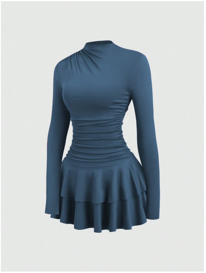 Vestido azul manga larga vuelo parte inferior - 5884