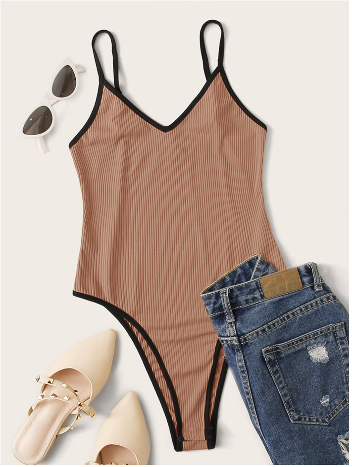 Bodysuit camel tejido canalé de tirantes - 5885