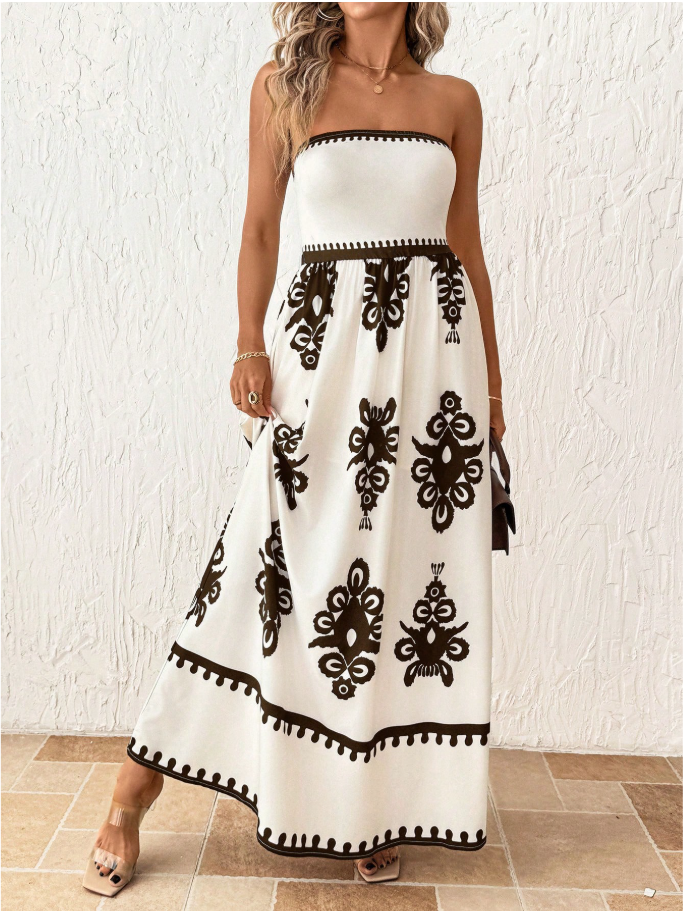 Vestido blanco estampado floral marrón - 5890