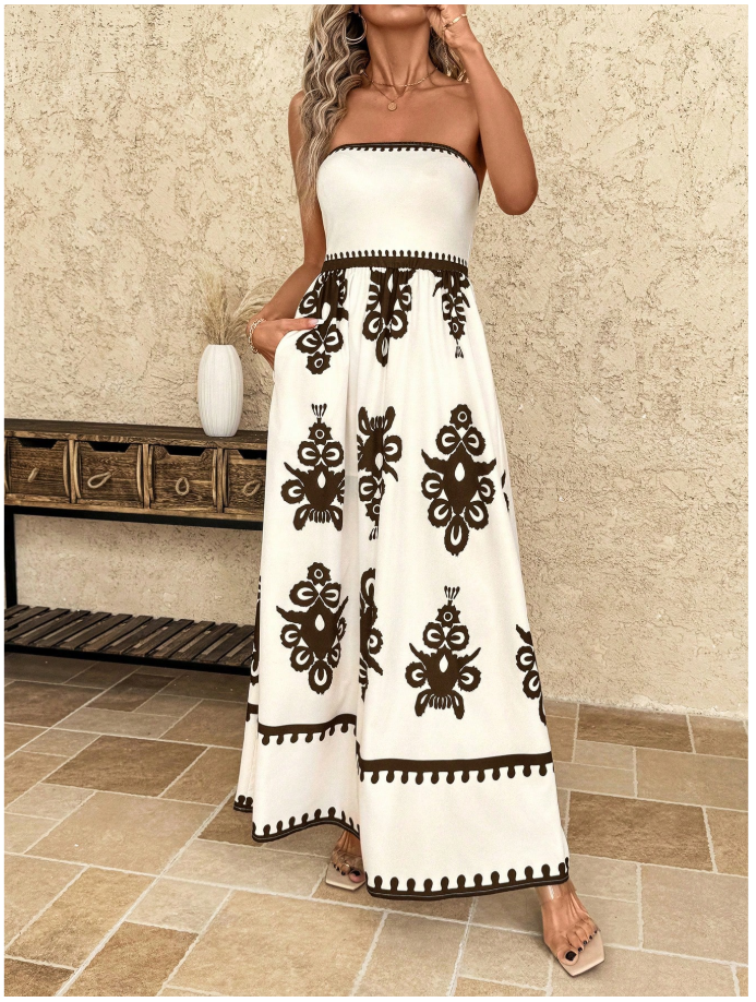 Vestido blanco estampado floral marrón - 5890