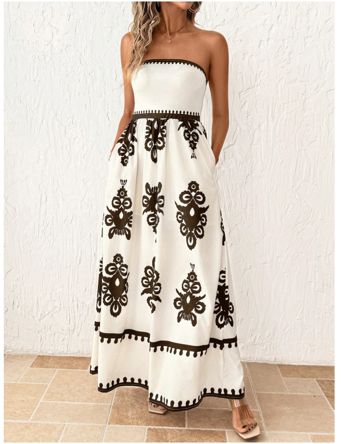 Vestido blanco estampado floral marrón - 5890