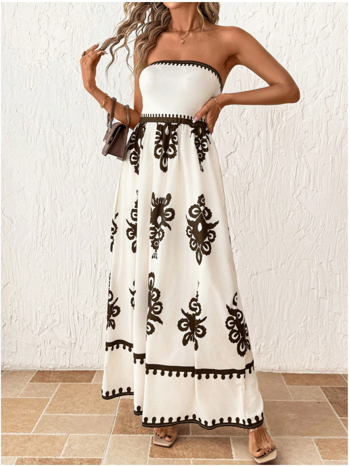 Vestido blanco estampado floral marrón - 5890