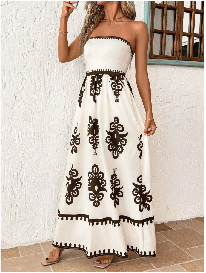 Vestido blanco estampado floral marrón - 5890